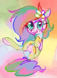 Size: 794x1078 | Tagged: safe, artist:dotkwa, derpibooru import, oc, oc:kayla, unofficial characters only, earth pony, pony, abstract background, female, filly, flower, flower in hair, foal, image, png, smiling, solo, underhoof