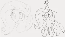 Size: 1008x580 | Tagged: safe, artist:dotkwa, derpibooru import, fluttershy, pegasus, pony, bust, doodle, floppy ears, gray background, hat, image, one wing out, party hat, png, simple background, solo, tongue out, wings