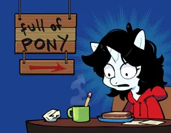 Size: 1297x1014 | Tagged: safe, artist:talimingi, derpibooru import, oc, oc:talim, unofficial characters only, pony, unicorn, blue background, clothes, coffee mug, desk, female, food, hoodie, image, jpeg, mare, mug, open mouth, pencil, sandwich, sign, simple background, solo