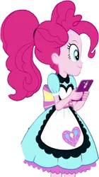Size: 1412x2520 | Tagged: safe, derpibooru import, edit, edited screencap, editor:homersimpson1983, screencap, pinkie pie, human, equestria girls, apron, background removed, clothes, female, g4, image, mobile phone, not a vector, phone, png, simple background, smartphone, solo, transparent background, waitress