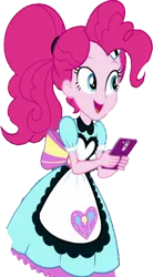 Size: 1394x2520 | Tagged: safe, derpibooru import, edit, edited screencap, editor:homersimpson1983, screencap, pinkie pie, human, equestria girls, apron, background removed, clothes, female, g4, image, mobile phone, not a vector, phone, png, simple background, smartphone, solo, transparent background, waitress