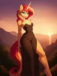 Size: 2304x3072 | Tagged: suggestive, ai content, derpibooru import, machine learning generated, stable diffusion, sunset shimmer, anthro, unguligrade anthro, unicorn, bedroom eyes, belly button, breasts, busty sunset shimmer, cleavage, clothes, dress, ear fluff, female, full body, g4, generator:easyfluff v11.2, horn, image, jpeg, long legs, looking at you, outdoors, prompter:frostru, reasonably sized breasts, seductive, seductive look, seductive pose, sexy, smiling, smiling at you, solo, solo female, strapless dress, stupid sexy sunset shimmer, sunset, tall, tight clothing