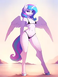Size: 2304x3072 | Tagged: suggestive, ai content, derpibooru import, machine learning generated, stable diffusion, princess flurry heart, alicorn, anthro, unguligrade anthro, beach, bedroom eyes, belly button, bikini, breasts, busty princess flurry heart, clothes, ear fluff, female, full body, g4, generator:easyfluff v11.2, horn, image, jpeg, long legs, looking at you, micro bikini, older, older flurry heart, outdoors, prompter:frostru, reasonably sized breasts, seductive, seductive look, seductive pose, sexy, smiling, smiling at you, solo, solo female, spread wings, stupid sexy princess flurry heart, swimsuit, tall, wings