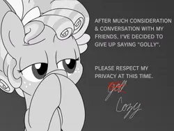 Size: 1200x900 | Tagged: safe, artist:unitxxvii, derpibooru import, cozy glow, pegasus, pony, bust, female, filly, foal, golly, gray background, grayscale, hooves together, image, jpeg, monochrome, partial color, simple background, solo, text