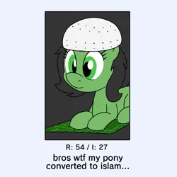 Size: 900x900 | Tagged: safe, artist:unitxxvii, derpibooru import, oc, oc:anonfilly, unofficial characters only, earth pony, pony, 4chan, female, filly, image, islam, lying down, png, ponified animal photo, prone, religion, religious, solo, text