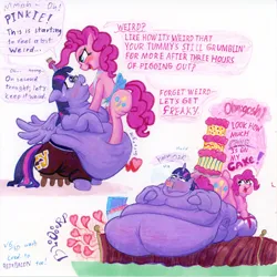 Size: 3571x3568 | Tagged: suggestive, artist:white-eyed vireo, derpibooru import, pinkie pie, twilight sparkle, twilight sparkle (alicorn), alicorn, earth pony, pony, bbw, belly, big belly, bingo wings, cake, double chin, fat, fat face, fat fetish, feedee, feeder, fetish, food, huge belly, image, jpeg, morbidly obese, obese, pudgy pie, redraw, stomach noise, twilard sparkle, weight gain