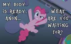 Size: 1155x714 | Tagged: suggestive, derpibooru import, screencap, pinkie pie, earth pony, pony, the maud couple, caption, dialogue, female, globe, gritted teeth, image, looking at you, looking up, lying down, png, solo, solo female, starlight's room, teeth, text