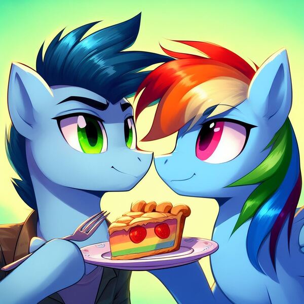 Size: 1024x1024 | Tagged: safe, ai content, derpibooru import, prompter:*rainbow dash*, rainbow dash, soarin', boop, female, food, generator:bing image creator, image, jpeg, male, noseboop, pie, shipping, soarindash, straight, that pony sure does love pies