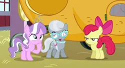 Size: 720x391 | Tagged: safe, derpibooru import, screencap, apple bloom, diamond tiara, silver spoon, earth pony, pony, one bad apple, apple bloom is not amused, blank flank, covering mouth, derp, derpy silver spoon, hoof over mouth, image, jpeg, pumpkin, sweet apple acres, unamused