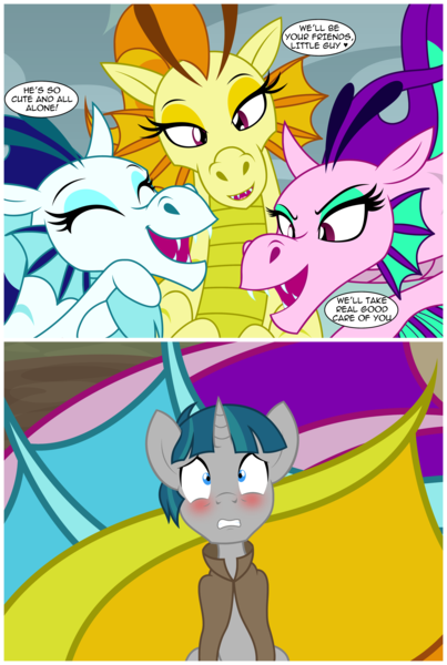 Size: 3359x4998 | Tagged: suggestive, artist:badumsquish, derpibooru import, adagio dazzle, aria blaze, sonata dusk, stygian, pony, siren, unicorn, shadow play, 2 panel comic, bedroom eyes, blushing, comic, derpibooru exclusive, dialogue, eyes closed, eyes on the prize, female, flirting, g4, grin, high angle, image, imminent sex, imminent threesome, implied interspecies, larger female, looking at someone, male, nervous, ominous, png, prehensile tail, rubbing hooves, scared, scaroused, scene interpretation, show accurate, size difference, smaller male, smiling, stallion, tail, tail hold, trapped, true form