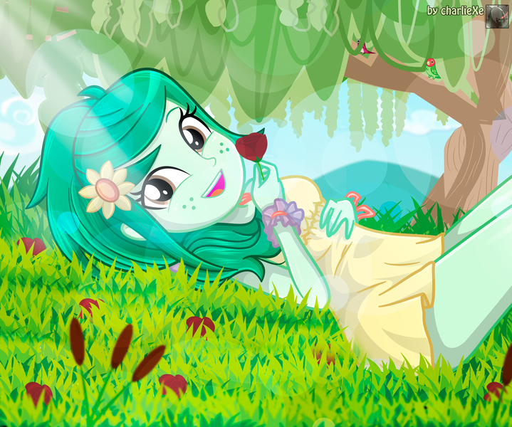 Size: 3792x3165 | Tagged: safe, artist:charliexe, derpibooru import, wallflower blush, human, equestria girls, alternate hairstyle, clothes, crepuscular rays, cute, dress, female, flower, flower in hair, flowerbetes, freckles, g4, grass, high res, image, jpeg, solo, sundress, tree, wallflower and plants