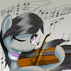 Size: 2000x2000 | Tagged: safe, artist:notadeliciouspotato, derpibooru import, octavia melody, earth pony, pony, abstract background, bow (instrument), bust, female, image, mare, musical instrument, necktie, one eye closed, png, signature, smiling, solo, violin