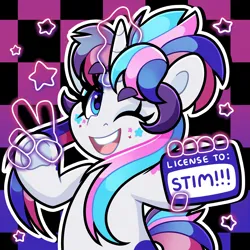 Size: 4000x4000 | Tagged: safe, artist:partypievt, derpibooru import, oc, oc:party pie, pony, unicorn, absurd resolution, bipedal, eyebrows, eyebrows visible through hair, facial markings, fringe, frog (hoof), hand, id card, image, license, looking at you, magic, magic hands, one eye closed, peace sign, png, simple background, solo, telekinesis, text, underhoof, wink, winking at you