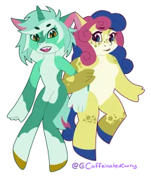 Size: 1287x1499 | Tagged: safe, artist:caffeinatedcarny, derpibooru import, bon bon, lyra heartstrings, sweetie drops, anthro, earth pony, unguligrade anthro, unicorn, coat markings, duo, duo female, female, freckles, g4, horn, image, lesbian, lyrabon, no neck, physique difference, png, shipping, simple background, stylized, tooth gap, transparent background