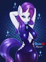 Size: 4500x6000 | Tagged: suggestive, artist:duderedblue, artist:mineiwi, derpibooru import, rarity, anthro, unicorn, arm behind head, armpits, big ears, blue eyes, boob window, breasts, cleavage, clothes, curly hair, ears, ears up, eyebrows, eyelashes, eyeshadow, female, female focus, hips, horn, image, latex, latex dress, lidded eyes, looking at you, makeup, png, pose, purple hair, purple tail, skintight clothes, smiling, smiling at you, solo, solo focus, tail, thighs, unicorn horn, waist
