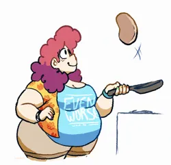 Size: 760x732 | Tagged: safe, artist:punkittdev, derpibooru import, pinkie pie, human, bbw, belly, big belly, big breasts, breasts, busty pinkie pie, fat, female, food, frying pan, huge belly, humanized, image, jpeg, looking at something, looking up, obese, pancakes, piggy pie, pudgy pie, simple background, smiling, solo, thighs, thunder thighs, white background, wide hips