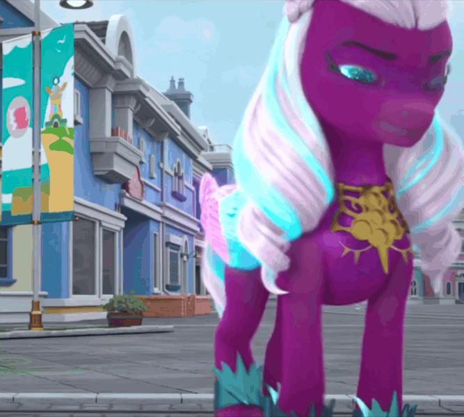 Size: 1202x1082 | Tagged: safe, derpibooru import, screencap, g5, my little pony: make your mark, spoiler:g5, spoiler:my little pony: make your mark, spoiler:my little pony: make your mark chapter 6, spoiler:mymc06e02, animated, context is for the weak, earth pony magic, gif, glow, glowing wings, image, magic, my little pony: make your mark chapter 6, opaline arcana, peytral, plant, roots of all evil, street, vine, wings