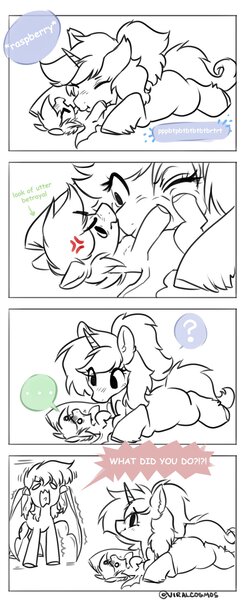 Size: 1671x4096 | Tagged: safe, artist:opalacorn, derpibooru import, oc, unofficial characters only, pony, unicorn, baby, baby pony, comic, commission, cross-popping veins, dialogue, emanata, image, jpeg, partial color, question mark, raspberry, simple background, speech bubble, tongue out, trio, tummy buzz, white background