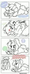 Size: 1671x4096 | Tagged: safe, artist:opalacorn, derpibooru import, oc, unofficial characters only, pony, unicorn, baby, baby pony, comic, commission, cross-popping veins, dialogue, emanata, image, jpeg, partial color, question mark, raspberry, simple background, speech bubble, tongue out, trio, tummy buzz, white background