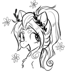 Size: 2416x2582 | Tagged: safe, artist:opalacorn, derpibooru import, oc, unofficial characters only, pony, black and white, bust, chest fluff, flower, grayscale, image, jpeg, monochrome, open mouth, open smile, smiling, solo