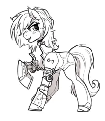 Size: 3337x3827 | Tagged: safe, artist:opalacorn, derpibooru import, oc, unofficial characters only, cyborg, earth pony, pony, amputee, clothes, commission, grayscale, image, jacket, jpeg, lineart, looking back, monochrome, prosthetic leg, prosthetic limb, prosthetics, robotic legs, simple background, smiling, solo, white background