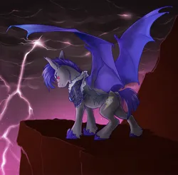 Size: 3713x3658 | Tagged: safe, artist:opalacorn, derpibooru import, oc, unofficial characters only, bat pony, pony, armor, bat pony oc, bat wings, cliff, commission, image, jpeg, lightning, night guard, solo, spread wings, wings