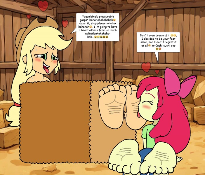 Size: 1938x1657 | Tagged: suggestive, artist:feets-and-paws, derpibooru import, apple bloom, applejack, human, equestria girls, applejack's hat, barefoot, blushing, bow, clothes, cowboy hat, eyes closed, farm, feet, female, fetish, foot fetish, foot focus, foot worship, hat, hay, heart, image, jpeg, licking, licking foot, soles, speech, speech bubble, story included, talking, tickle fetish, tickle torture, tickling, toes, tongue out