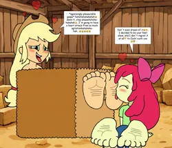 Size: 1938x1657 | Tagged: suggestive, artist:feets-and-paws, derpibooru import, apple bloom, applejack, human, equestria girls, applejack's hat, barefoot, blushing, bow, clothes, cowboy hat, eyes closed, farm, feet, female, fetish, foot fetish, foot focus, foot worship, hat, hay, heart, image, jpeg, licking, licking foot, soles, speech, speech bubble, story included, talking, tickle fetish, tickle torture, tickling, toes, tongue out