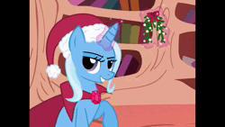 Size: 1920x1080 | Tagged: suggestive, ai content, artist:the smiling pony, ponerpics import, ponybooru import, trixie, pony, unicorn, bedroom eyes, cape, christmas, clothes, cropped, female, glowing horn, golden oaks library, grin, hat, high res, holiday, horn, image, implied futa, inkscape, jingle bell rock, levitation, library, looking at you, magic, mare, mistletoe, parody, raised hoof, raised leg, santa hat, singing, sitting, smiling, smirk, so-vits-svc, solo, telekinesis, trixie's cape, vector, webm