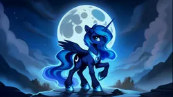 Size: 2552x1440 | Tagged: safe, ai content, derpibooru import, machine learning generated, princess luna, alicorn, pony, cloud, cloudy, female, filly, full moon, generator:easyfluff v11.2, hoof shoes, image, jpeg, looking at you, mare, moon, night, peytral, prompter:siber, raised hoof, rock, smiling, smiling at you, solo, starry night, stars, unshorn fetlocks, woona, younger