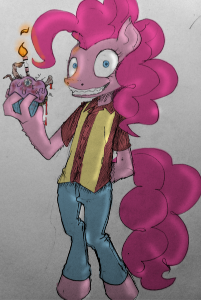 Size: 671x1000 | Tagged: semi-grimdark, derpibooru import, pinkie pie, anthro, earth pony, cannibal, cupcake, food, grin, image, italian, mlha, my little hazards area, parody, png, polo shirt, smiling, solo