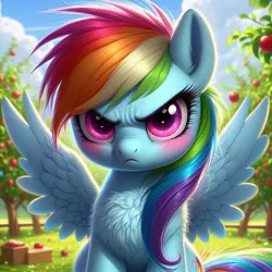 Size: 1024x1024 | Tagged: safe, ai content, derpibooru import, machine learning generated, rainbow dash, pegasus, pony, angry, apple, apple orchard, blurry background, blushing, chest fluff, cloud, cute, cute when angry, dashabetes, ear fluff, female, filly, filly rainbow dash, foal, food, frown, g4, generator:dall-e 3, grass, image, jpeg, looking at you, orchard, outdoors, prompter:tyto4tme4l, sky, solo, spread wings, wings, younger
