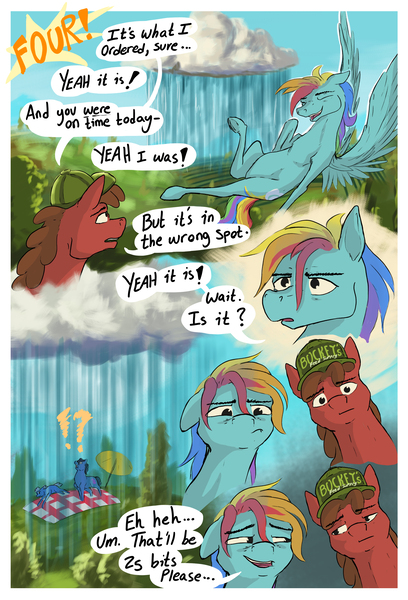 Size: 2107x3100 | Tagged: safe, artist:seventozen, derpibooru import, rainbow dash, oc, pony, comic:the problem of parthus, baseball cap, cap, cloud, comic, exclamation point, flying, hat, image, interrobang, jpeg, picnic blanket, question mark, rain, speech bubble, umbrella