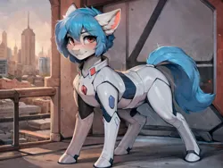 Size: 2048x1536 | Tagged: safe, ai content, derpibooru import, machine learning generated, earth pony, pony, blue hair, blushing, chest fluff, city, clothes, cosplay, costume, ear fluff, female, fluffy, g4, image, latex, latex suit, light skin, looking at you, neon genesis evangelion, plugsuit, png, prompter:kalmar, red eyes, rei ayanami, short hair, smiling, smiling at you, solo, standing, tail, white fur