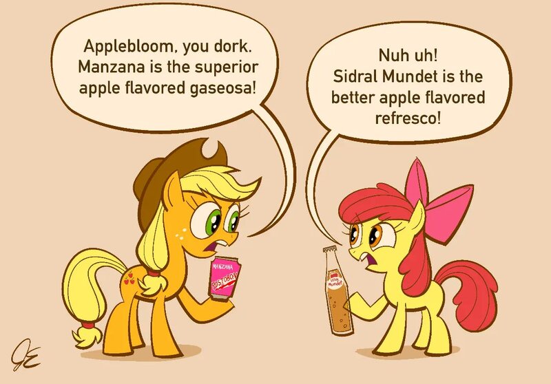 Size: 1080x753 | Tagged: safe, artist:heyheygoose, derpibooru import, apple bloom, applejack, earth pony, pony, apple sisters, argument, beige background, bottle, drink, female, filly, foal, image, jpeg, mare, siblings, simple background, sisters, soda, soda bottle, soda can, speech bubble, text