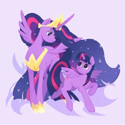 Size: 2048x2048 | Tagged: safe, artist:stinky_bug_, derpibooru import, princess twilight 2.0, twilight sparkle, twilight sparkle (alicorn), alicorn, pony, the last problem, duo, female, height difference, image, jpeg, looking at each other, looking at someone, mare, older, older twilight, older twilight sparkle (alicorn), purple background, self paradox, self ponidox, simple background, spread wings, wings