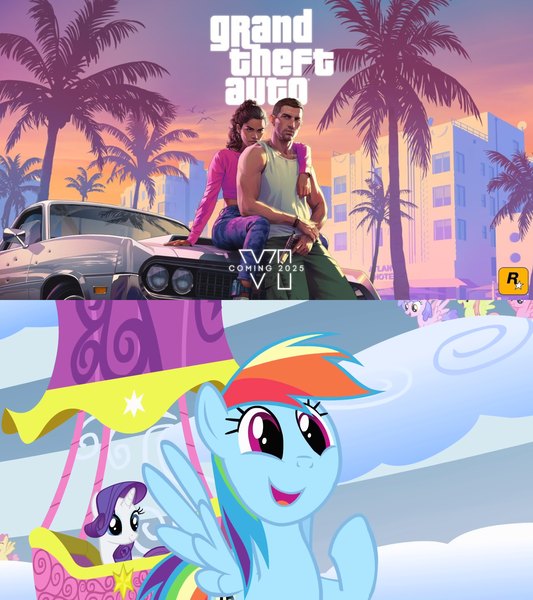 Size: 1920x2160 | Tagged: safe, edit, edited screencap, ponerpics import, ponybooru import, screencap, rainbow dash, rarity, unnamed character, unnamed pony, human, pegasus, pony, unicorn, season 1, sonic rainboom (episode), car, cute, dashabetes, exploitable meme, female, grand theft auto, grand theft auto vi, gun, handgun, image, jason, lucia, male, meme, png, rockstar games, weapon