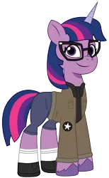 Size: 1109x1800 | Tagged: safe, artist:edy_january, artist:prixy05, derpibooru import, sci-twi, twilight sparkle, pony, unicorn, g5, my little pony: tell your tale, boots, captain, clothes, cpt.twilight, girls und panzer, glasses, image, jacket, leader, marine, marines, military, military pony, military uniform, png, saunders, shirt, shoes, simple background, socks, solo, stockings, thigh highs, transparent background, uniform