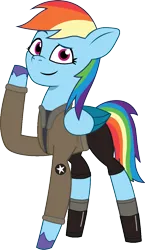 Size: 668x1149 | Tagged: safe, artist:edy_january, artist:prixy05, derpibooru import, rainbow dash, pegasus, pony, g5, my little pony: tell your tale, boots, clothes, denim, girls und panzer, image, jacket, jeans, military, military pony, military uniform, pants, png, saunders, sergeant, sgt rainbow.dash, shirt, shoes, short pants, simple background, socks, soldier, soldier pony, solo, stockings, thigh highs, transparent background, uniform