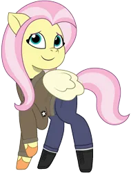 Size: 913x1200 | Tagged: safe, artist:edy_january, artist:prixy05, derpibooru import, fluttershy, pegasus, pony, g5, my little pony: tell your tale, boots, clothes, denim, girls und panzer, image, jacket, jeans, military, military pony, military uniform, pants, png, saunders, sergeant, sgt.fluttershy, shirt, shoes, shy, simple background, soldier, soldier pony, solo, transparent background, uniform