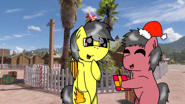 Size: 622x350 | Tagged: safe, artist:foxfer64_yt, derpibooru import, oc, oc:steven, oc:thunder (fl), unofficial characters only, earth pony, pegasus, pony, christmas, curious, duo, forza horizon, happy, hearth's warming eve, holiday, image, jpeg, male, mexico, present, stallion, stallion oc