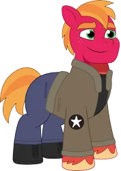 Size: 1171x1654 | Tagged: safe, artist:edy_january, artist:prixy05, derpibooru import, edit, big macintosh, earth pony, pony, g5, my little pony: tell your tale, boots, clothes, denim, girls und panzer, image, jacket, jeans, major.mac, major.machintosh, male, military, military pony, military uniform, pants, png, saunders, shirt, shoes, simple background, soldier, soldier pony, solo, stallion, transparent background, uniform