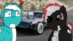 Size: 622x350 | Tagged: safe, artist:foxfer64_yt, derpibooru import, oc, oc:nathaniel metro (fl), unofficial characters only, earth pony, pony, car, confused, duo, forza horizon, hot wheels, image, jpeg, male, stallion, toy