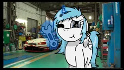Size: 622x350 | Tagged: safe, artist:foxfer64_yt, derpibooru import, oc, oc:nara (fl), unofficial characters only, alicorn, pony, car, cute, female, image, jpeg, looking at you, mare, one eye closed, racecar, smiling, solo, wink, wrench