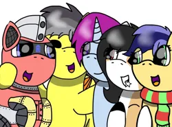 Size: 1040x769 | Tagged: safe, artist:foxfer64_yt, derpibooru import, oc, oc:ojitos, oc:thunder (fl), oc:trackhead, oc:twostep, unofficial characters only, earth pony, pegasus, pony, unicorn, cute, group, group hug, happy, hug, image, jpeg, one eye closed, simple background, smiling, wink