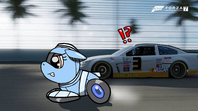 Size: 1192x670 | Tagged: safe, artist:foxfer64_yt, derpibooru import, oc, oc:silverstream (robot pony), unofficial characters only, pony, robot, robot pony, car, circuit, confident, fast, floppy ears, forza motorsport 7, image, jpeg, nascar, race, racecar, racing, solo
