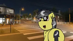 Size: 1192x670 | Tagged: safe, artist:foxfer64_yt, derpibooru import, oc, oc:thunder (fl), unofficial characters only, pegasus, pony, australia, butt, city, forza horizon, image, jpeg, night, photo, rear, smiling, solo