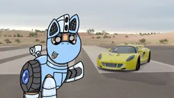 Size: 1192x670 | Tagged: safe, artist:foxfer64_yt, derpibooru import, oc, oc:silverstream (robot pony), pony, robot, robot pony, car, confident, desert, female, image, jpeg, looking at you, photo, pointing, racecar, solo, talking, talking to viewer