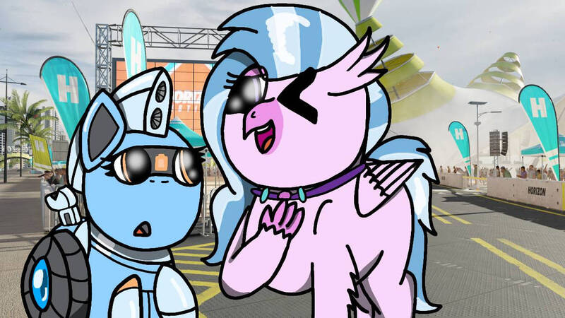 Size: 1192x670 | Tagged: safe, artist:foxfer64_yt, derpibooru import, silverstream, oc, oc:silverstream (robot pony), gryphon, original species, pony, robot, robot pony, chatting, curious, forza horizon, image, jpeg, one eye closed, photo, pointing at self, wink