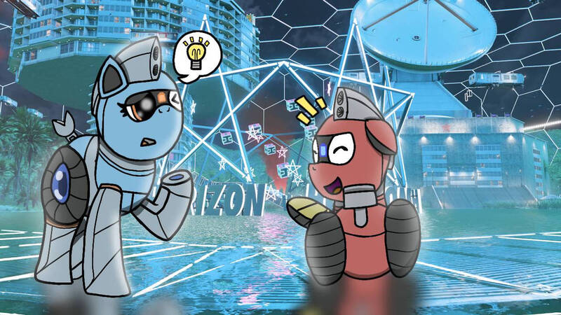 Size: 1192x670 | Tagged: safe, artist:foxfer64_yt, derpibooru import, oc, oc:silverstream (robot pony), oc:trackhead, unofficial characters only, original species, pony, robot, robot pony, wheelpone, city, concerned, forza horizon, image, jpeg, neon, one eye closed, photo, rear, siblings, smiling, wink